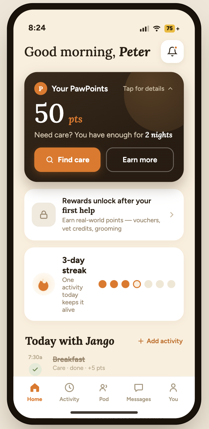 PawPeer app home screen