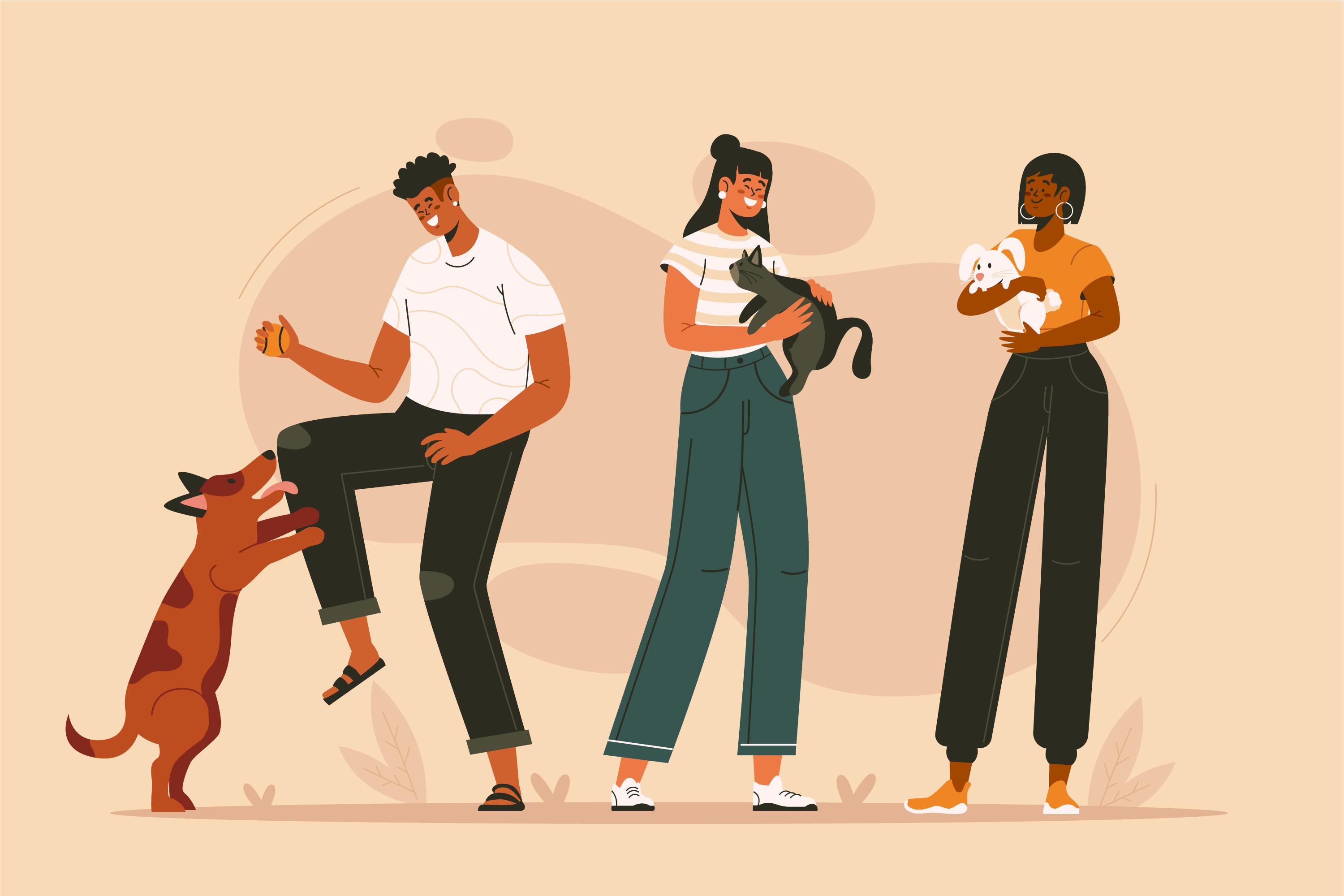 Pet owners with their dog, cat and rabbit